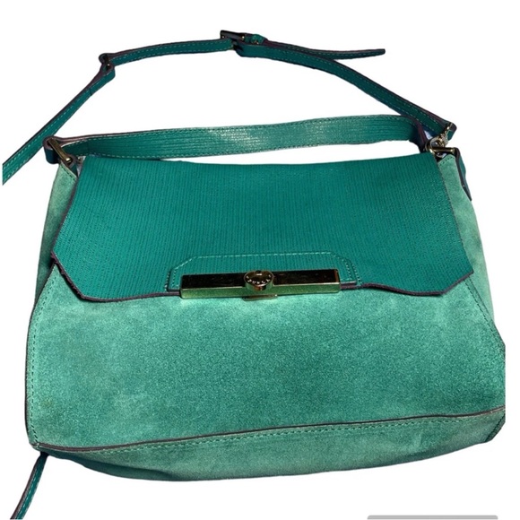 FURLA TEAL LEATHER & SUEDE SHOULDER/CROSSBODY FLAP BAG EUC - Picture 2 of 15